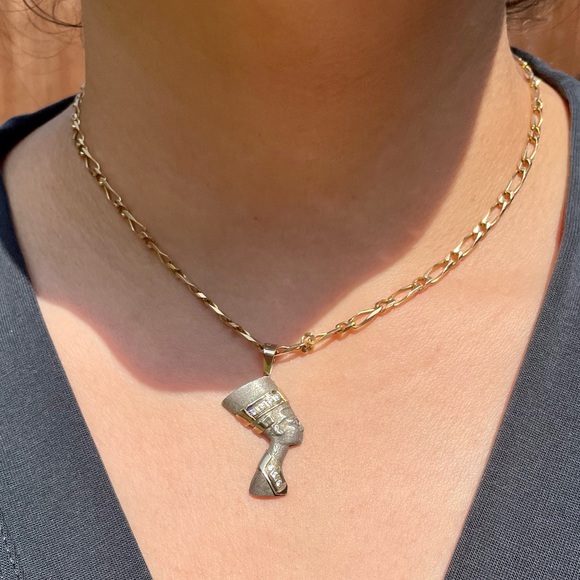 Vintage Unique Carved Pyrite 14k Gold CZ Nefertiti Pendant/Charm - Picture 11 of 14